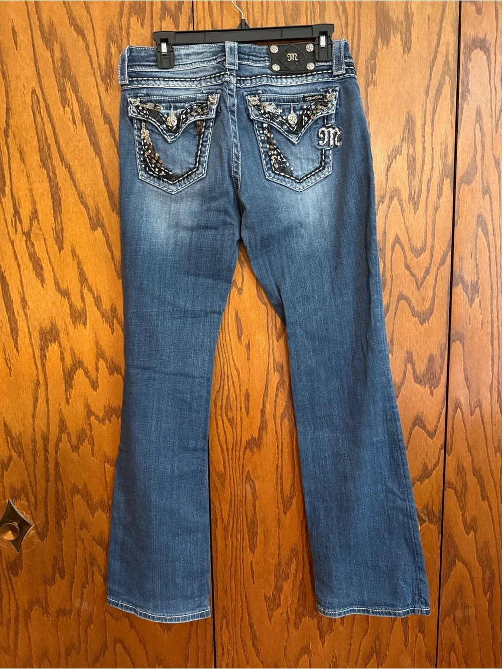 Miss Me Easy Boot Jeans 27 Low Rise Medium Wash Embellished Flap Pockets